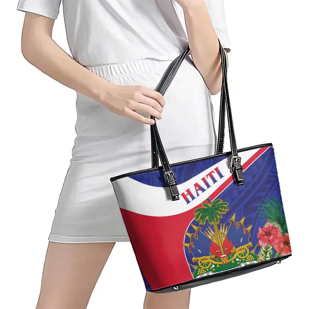 Haiti Leather Tote Bag Neg Marron Ayiti Map - Hibiscus Polynesian LT15