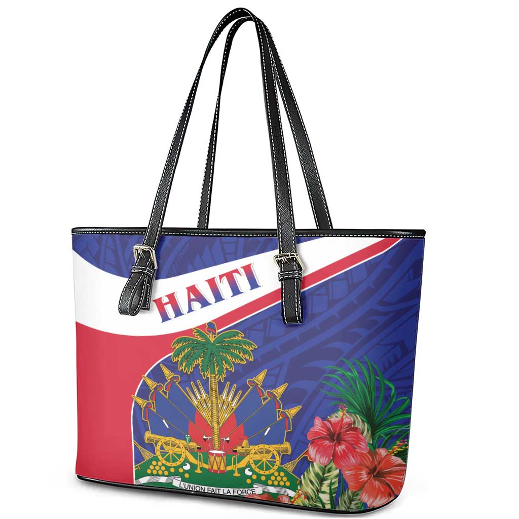 Haiti Leather Tote Bag Neg Marron Ayiti Map - Hibiscus Polynesian LT15