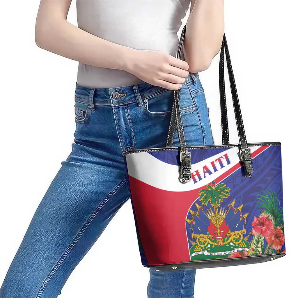 Haiti Leather Tote Bag Neg Marron Ayiti Map - Hibiscus Polynesian LT15
