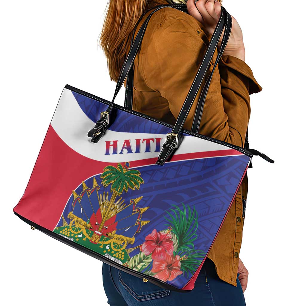 Haiti Leather Tote Bag Neg Marron Ayiti Map - Hibiscus Polynesian LT15
