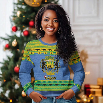 Afro Gabon Christmas Ugly Christmas Sweater Coat Of Arms Mix African Pattern LT15