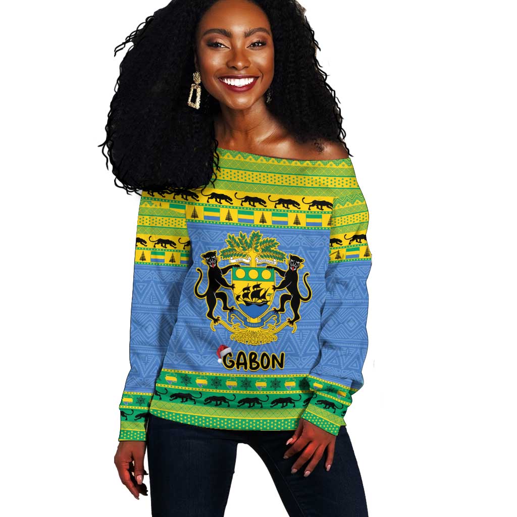 Afro Gabon Christmas Off Shoulder Sweater Coat Of Arms Mix African Pattern LT15