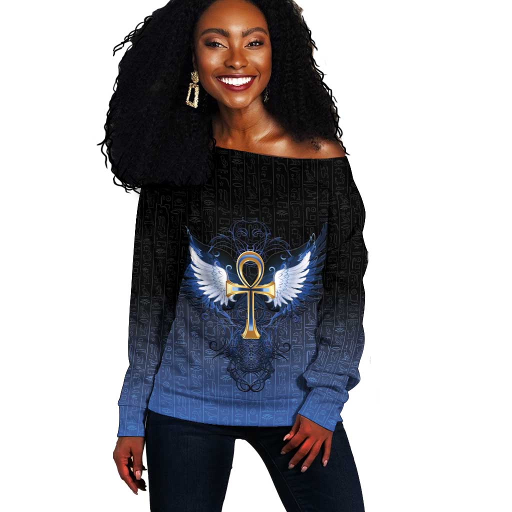 Personalised Egyptian Ankh Off Shoulder Sweater Egypt Hieroglyphs Pattern LT15