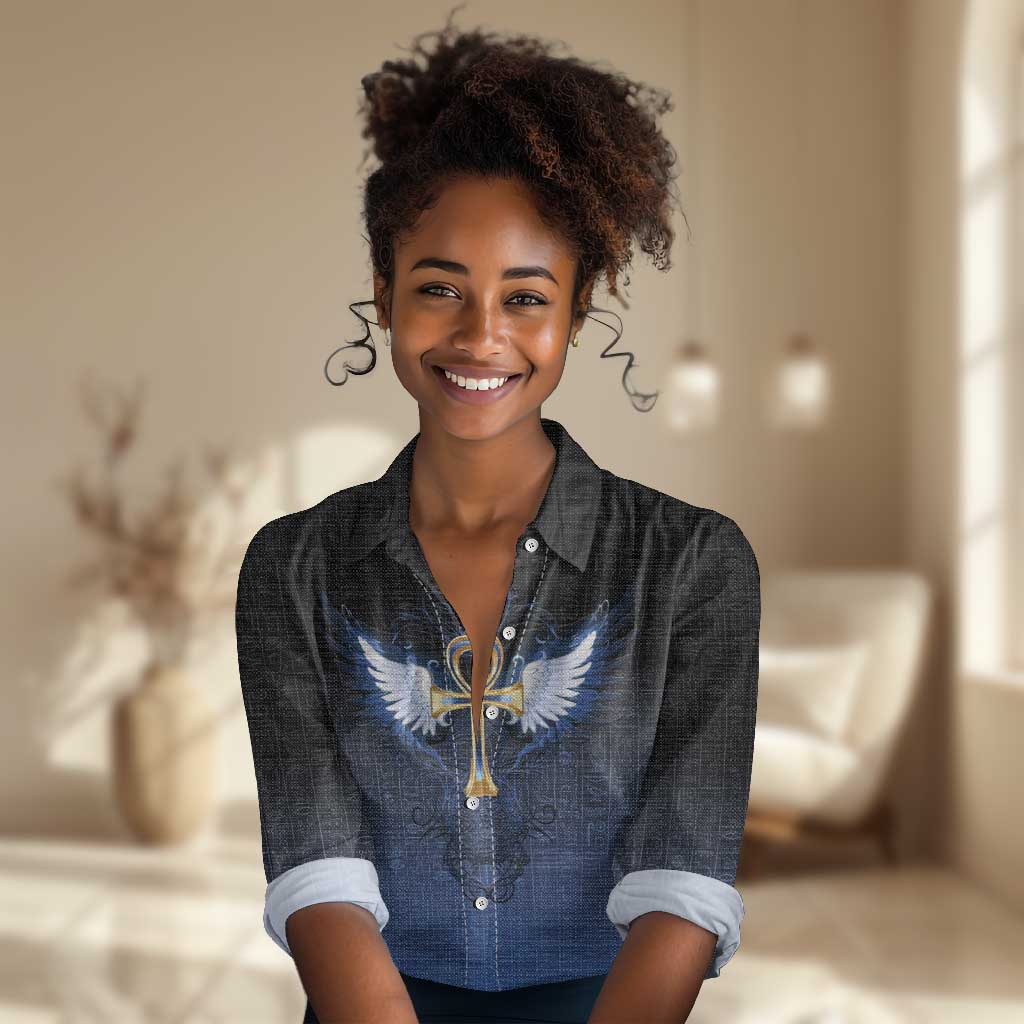 Personalised Egyptian Ankh Women Casual Shirt Egypt Hieroglyphs Pattern LT15