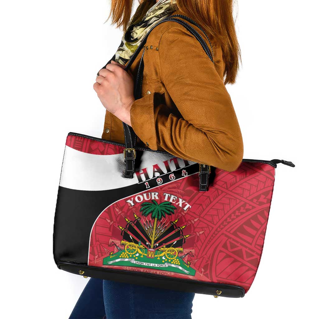 Personalized Haiti Leather Tote Bag Flag 1964 Coat Of Arms - Polynesian Style LT15
