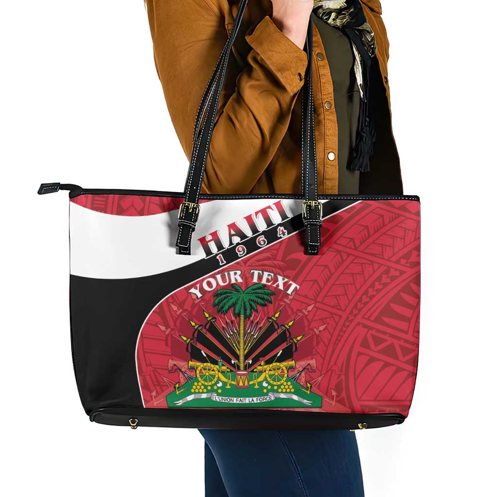 Personalized Haiti Leather Tote Bag Flag 1964 Coat Of Arms - Polynesian Style LT15