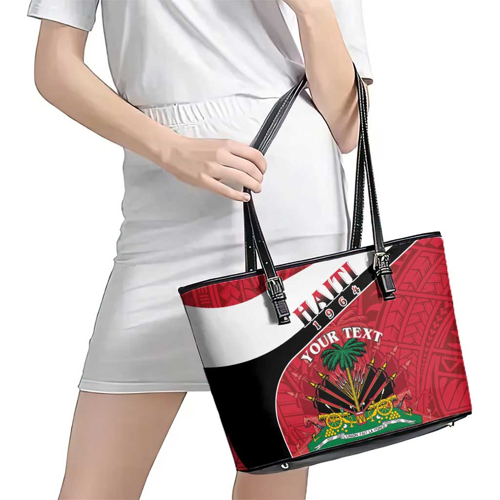 Personalized Haiti Leather Tote Bag Flag 1964 Coat Of Arms - Polynesian Style LT15