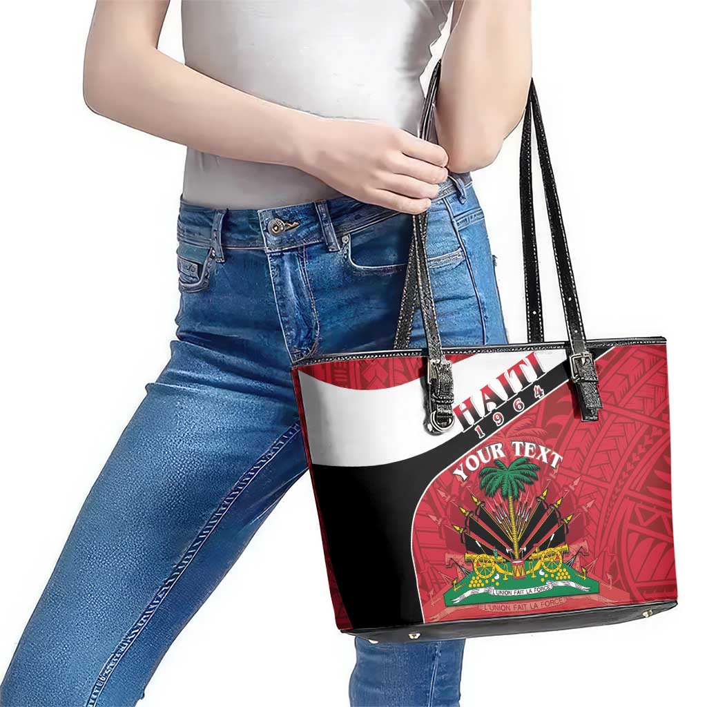 Personalized Haiti Leather Tote Bag Flag 1964 Coat Of Arms - Polynesian Style LT15