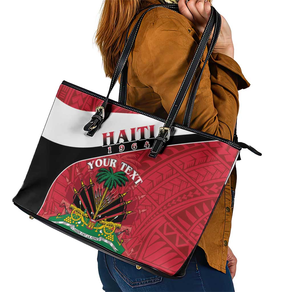 Personalized Haiti Leather Tote Bag Flag 1964 Coat Of Arms - Polynesian Style LT15
