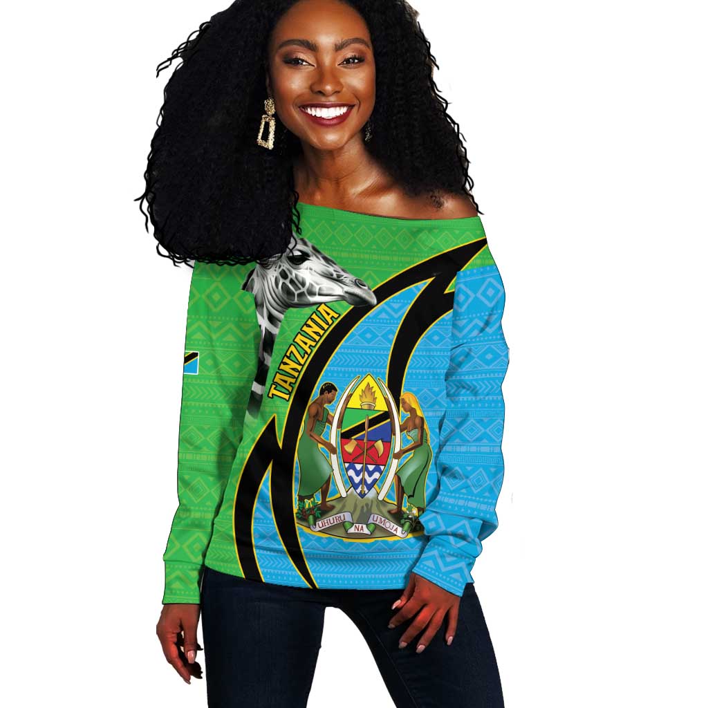 Afro Tanzania Giraffe Off Shoulder Sweater Coat Of Arms Curve Style LT15