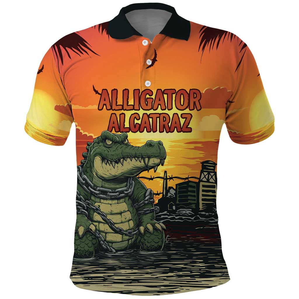 Personalized Alligator Alcatraz Polo Shirt Gator Island Prison Retro Sunset LT15