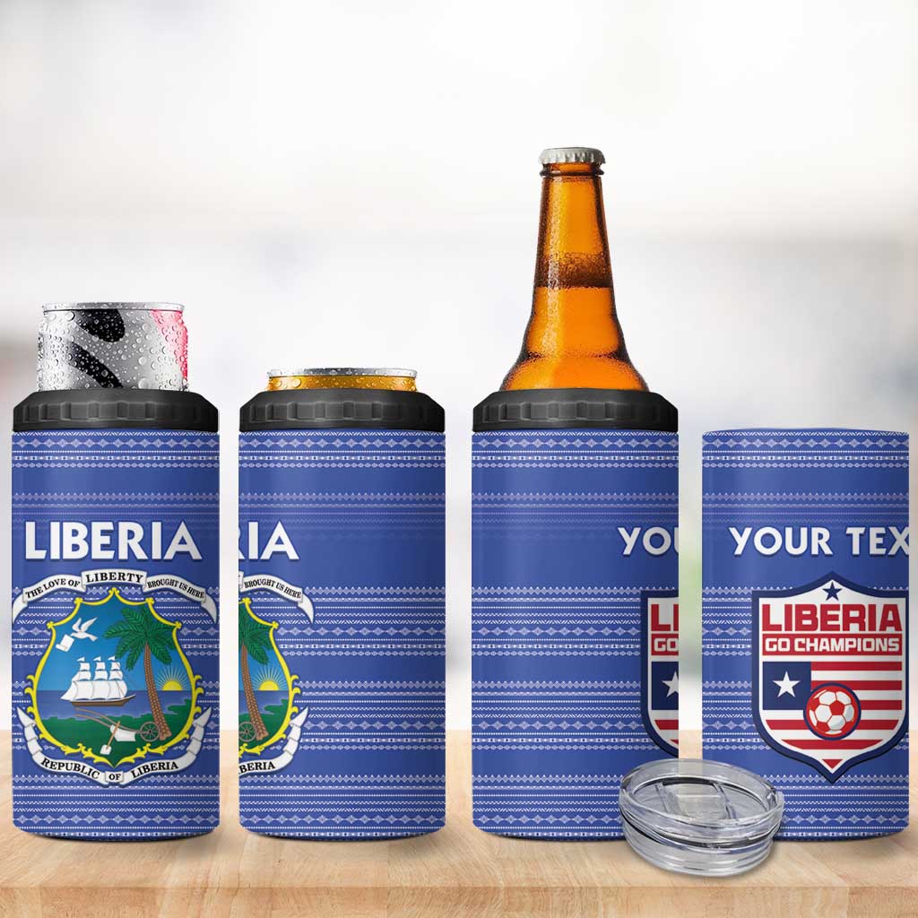 Custom Liberia Football 4 in 1 Can Cooler Tumbler African Tribal Pattern - Blue Jersey LT15