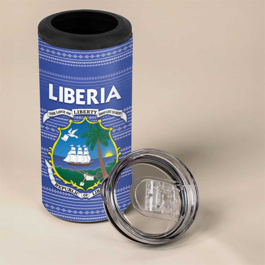 Custom Liberia Football 4 in 1 Can Cooler Tumbler African Tribal Pattern - Blue Jersey LT15