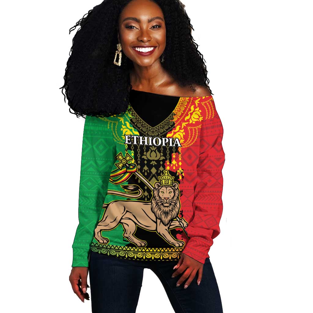 Personalised Afro Ethiopia Off Shoulder Sweater Lion Of Judah - African Pattern LT15