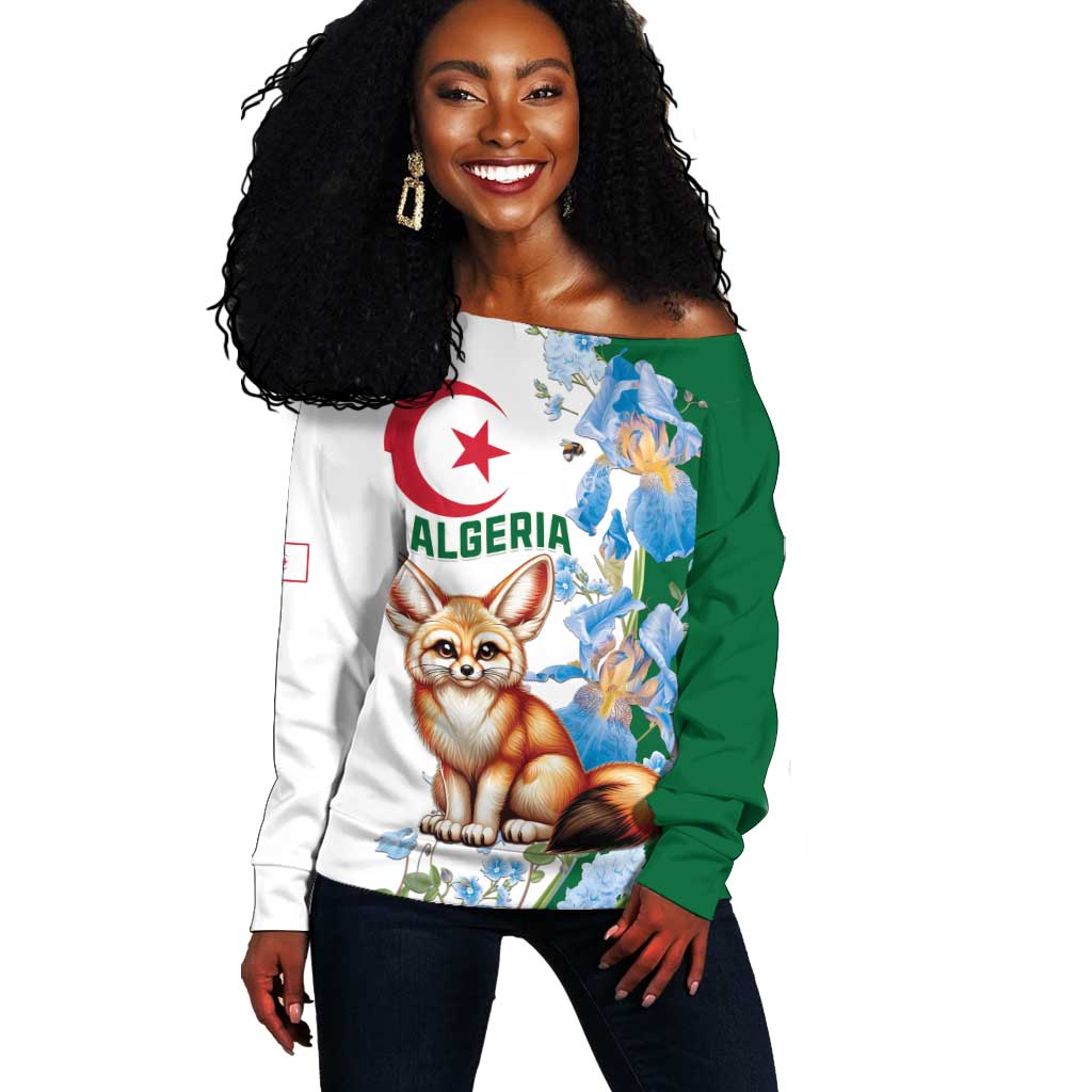 Afro Algeria Off Shoulder Sweater Fennec Fox With Blue Isris Flower LT15