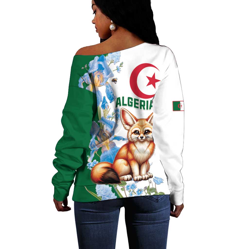 Afro Algeria Off Shoulder Sweater Fennec Fox With Blue Isris Flower LT15