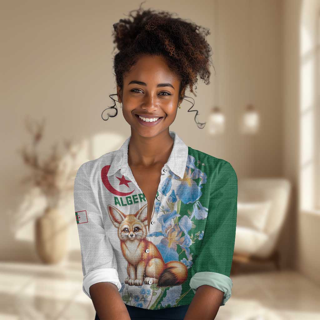 Afro Algeria Women Casual Shirt Fennec Fox With Blue Isris Flower LT15