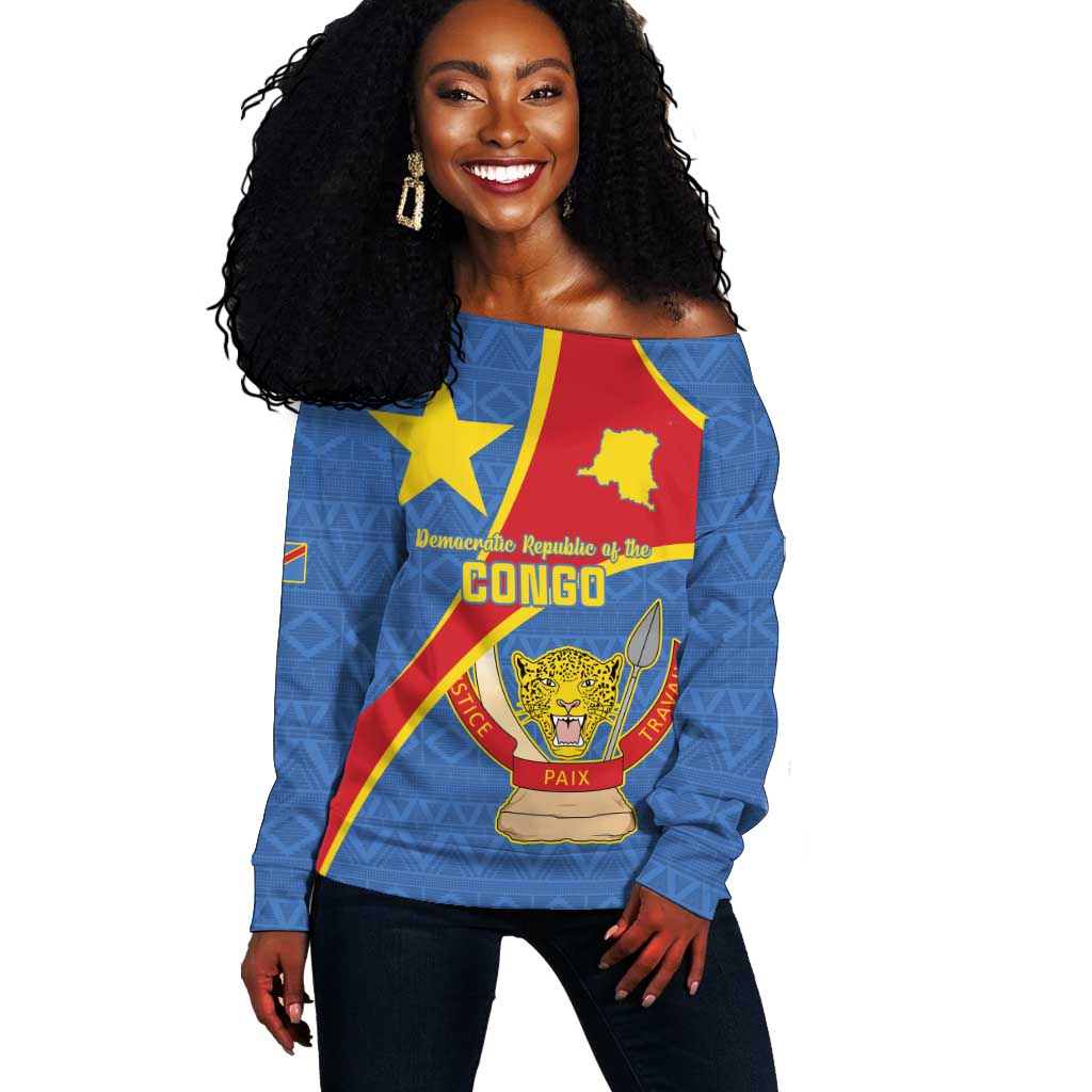 Personalised DR Congo Off Shoulder Sweater Coat Of Arms With Map LT15