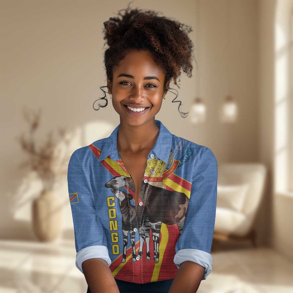 DR Congo Women Casual Shirt Okapi Coat Of Arms LT15