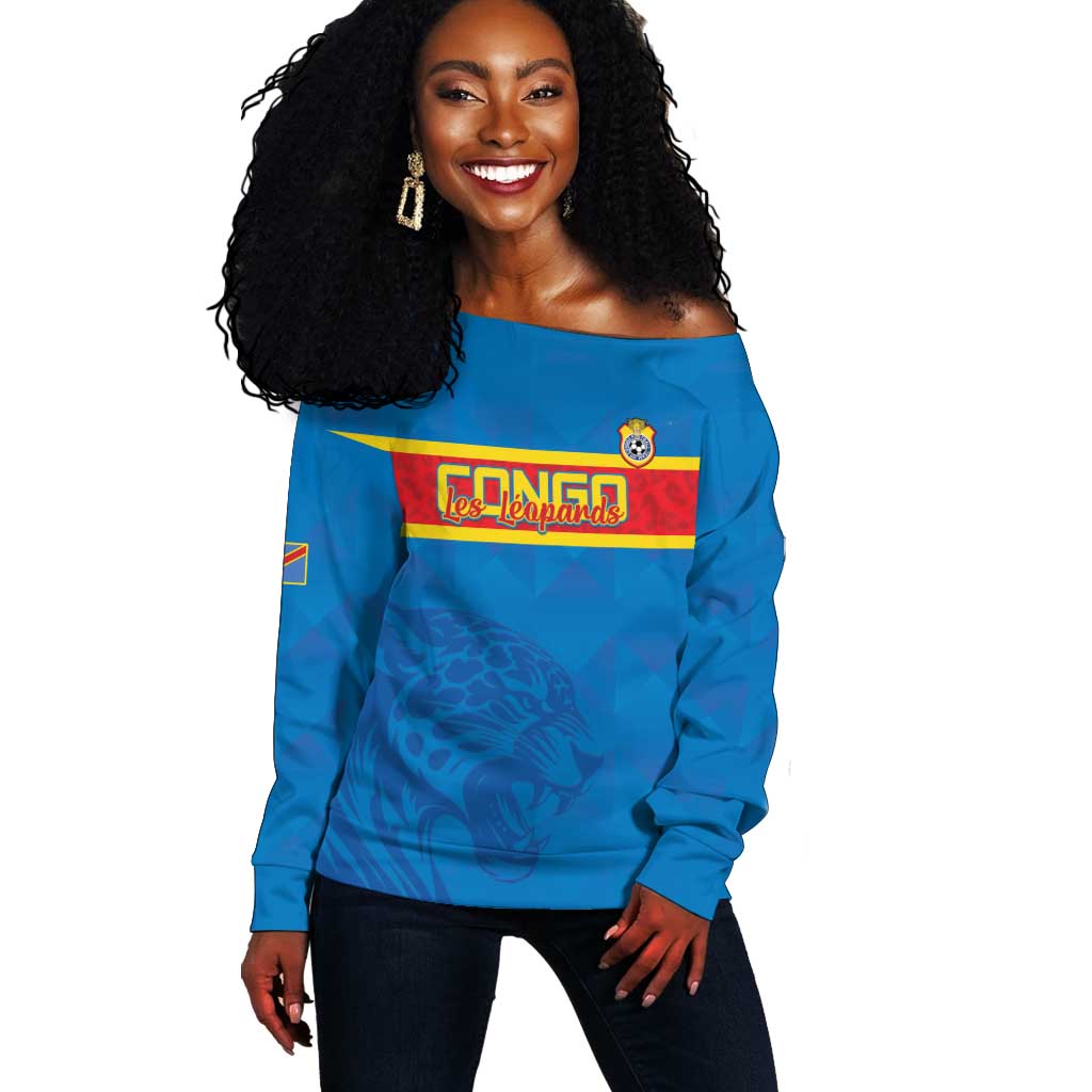 DR Congo Football Custom Off Shoulder Sweater Go Champions LT15