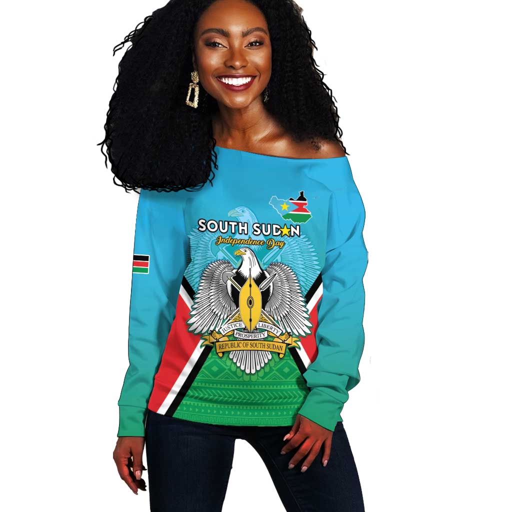Personalised South Sudan Off Shoulder Sweater Coat Of Arms - Happy Independence Day LT15