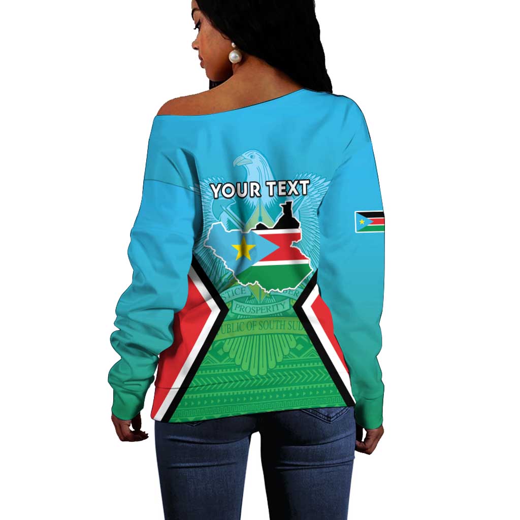 Personalised South Sudan Off Shoulder Sweater Coat Of Arms - Happy Independence Day LT15
