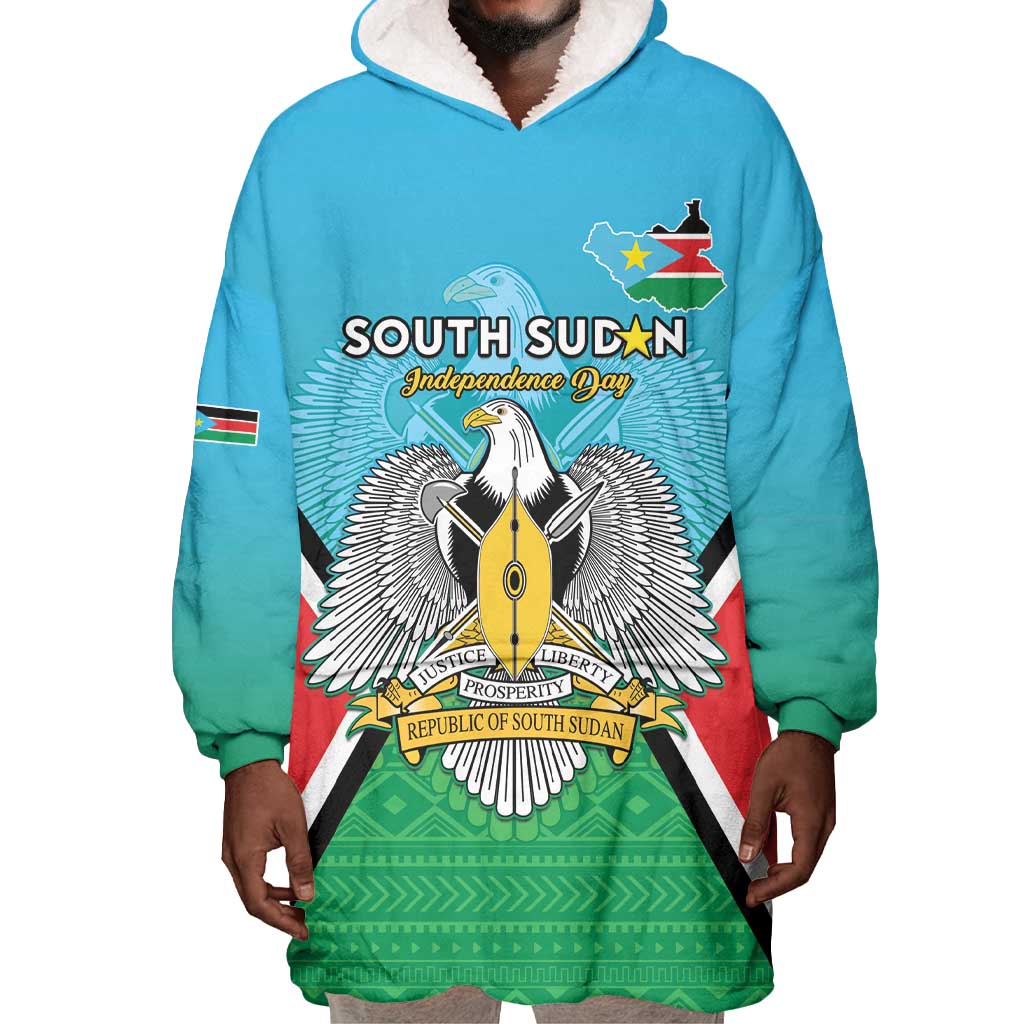 Personalised South Sudan Wearable Blanket Hoodie Coat Of Arms - Happy Independence Day LT15