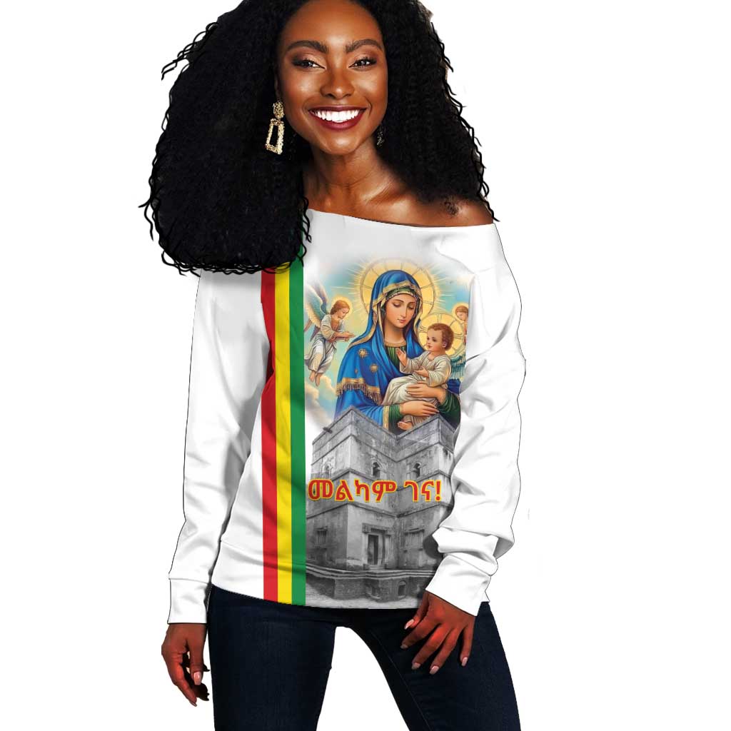 Melkam Gena Ethiopia Off Shoulder Sweater Saint Mary Lalibela Churches LT15