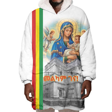 Melkam Gena Ethiopia Wearable Blanket Hoodie Saint Mary Lalibela Churches LT15