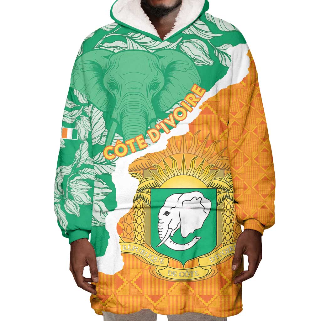Personalized Afro Ivory Coast Wearable Blanket Hoodie Coat Of Arms With Kente Pattern LT15
