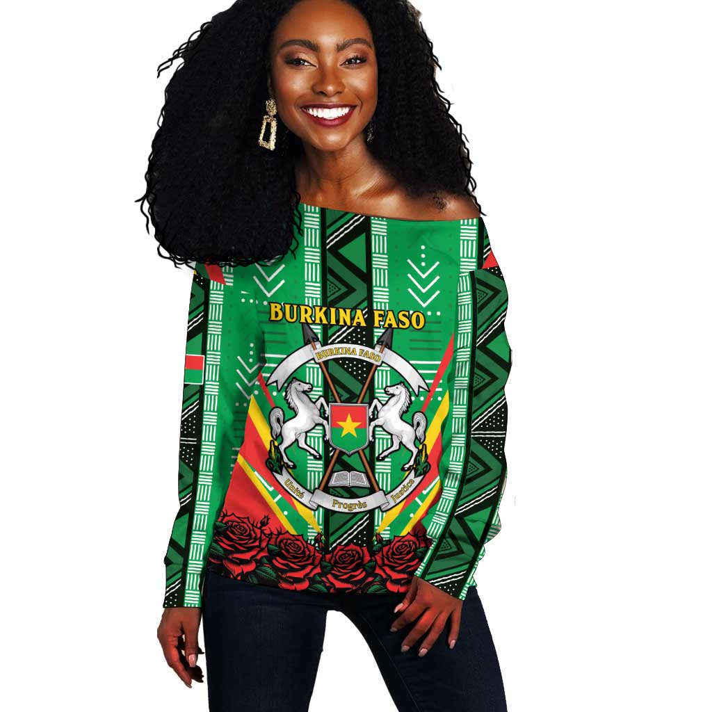Personalised Afro Burkina Faso Off Shoulder Sweater Coat Of Arms With Rose LT15