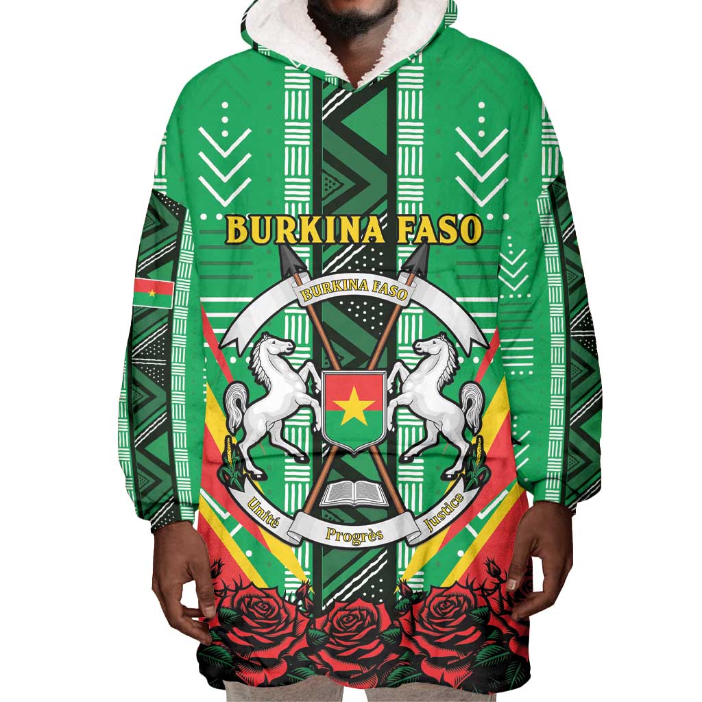 Personalised Afro Burkina Faso Wearable Blanket Hoodie Coat Of Arms With Rose LT15
