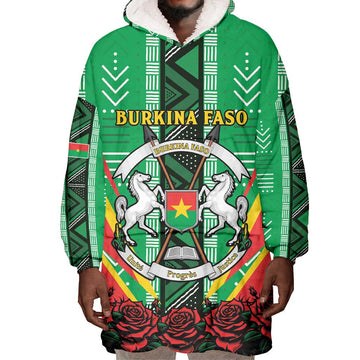 Personalised Afro Burkina Faso Wearable Blanket Hoodie Coat Of Arms With Rose LT15