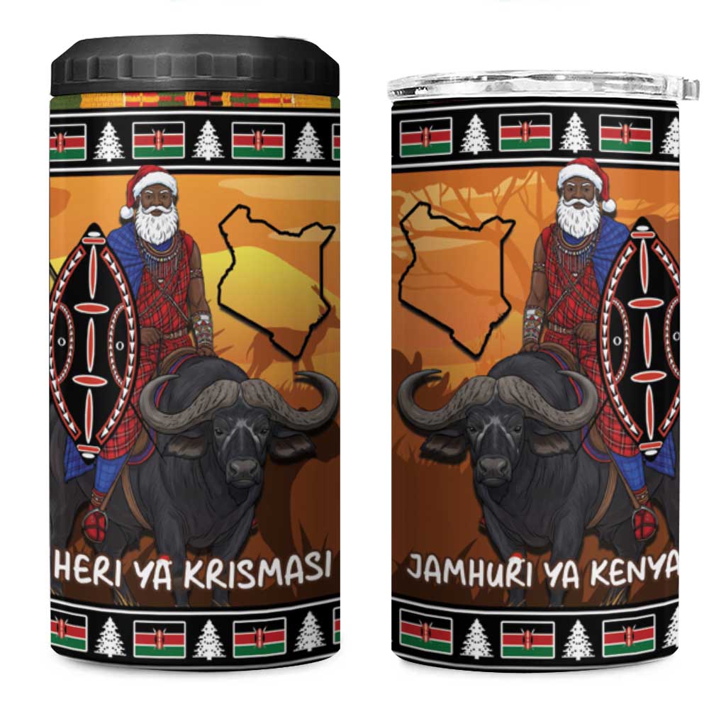 Afro Christmas in Kenya Safari 4 in 1 Can Cooler Tumbler Black Santa Riding Cape Buffalo LT15