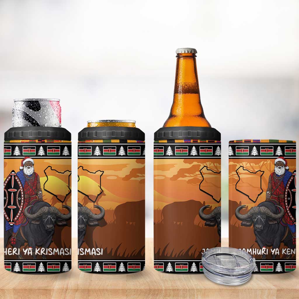 Afro Christmas in Kenya Safari 4 in 1 Can Cooler Tumbler Black Santa Riding Cape Buffalo LT15