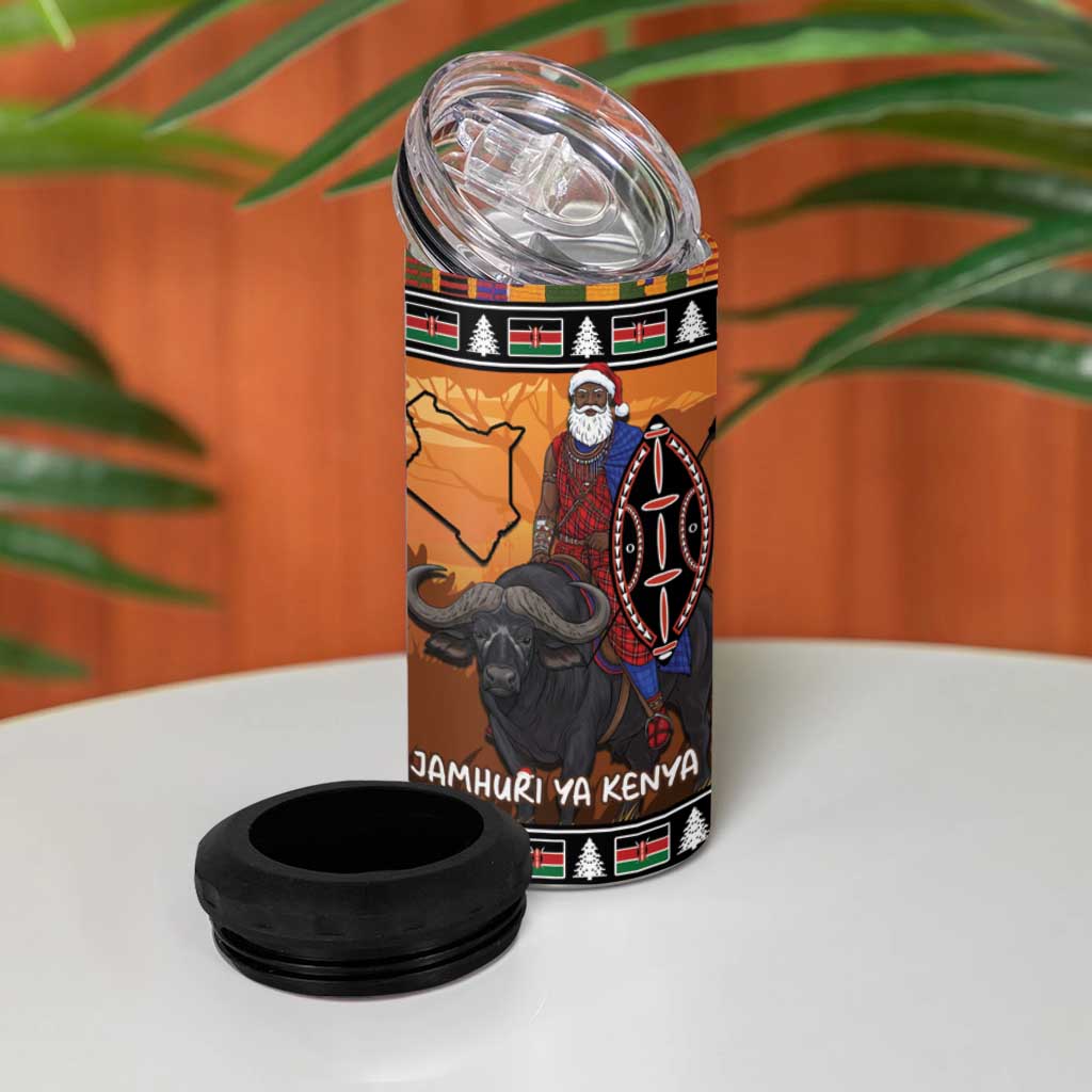 Afro Christmas in Kenya Safari 4 in 1 Can Cooler Tumbler Black Santa Riding Cape Buffalo LT15