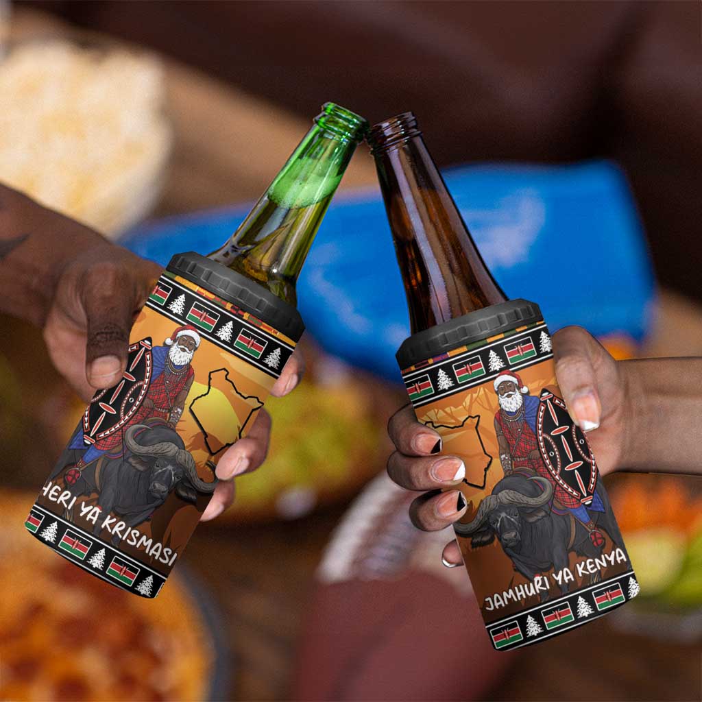 Afro Christmas in Kenya Safari 4 in 1 Can Cooler Tumbler Black Santa Riding Cape Buffalo LT15