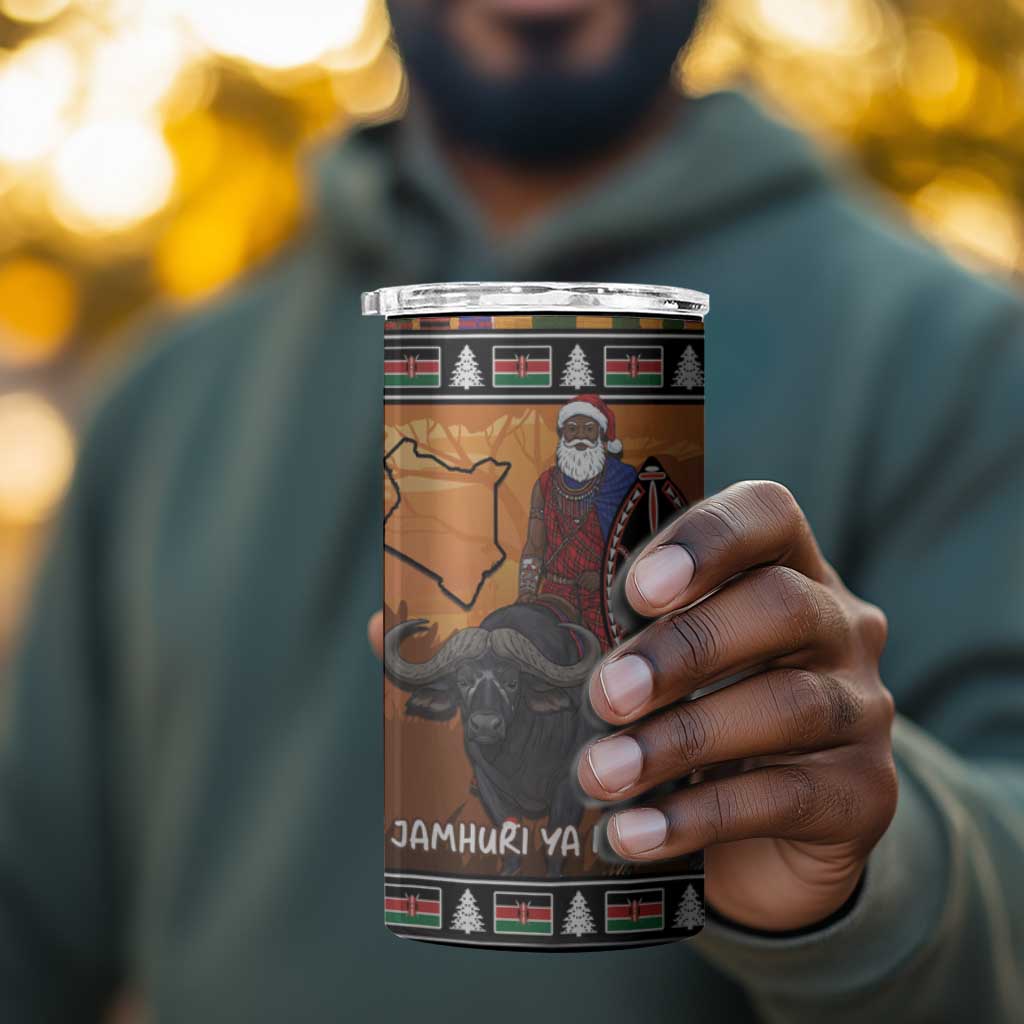 Afro Christmas in Kenya Safari 4 in 1 Can Cooler Tumbler Black Santa Riding Cape Buffalo LT15
