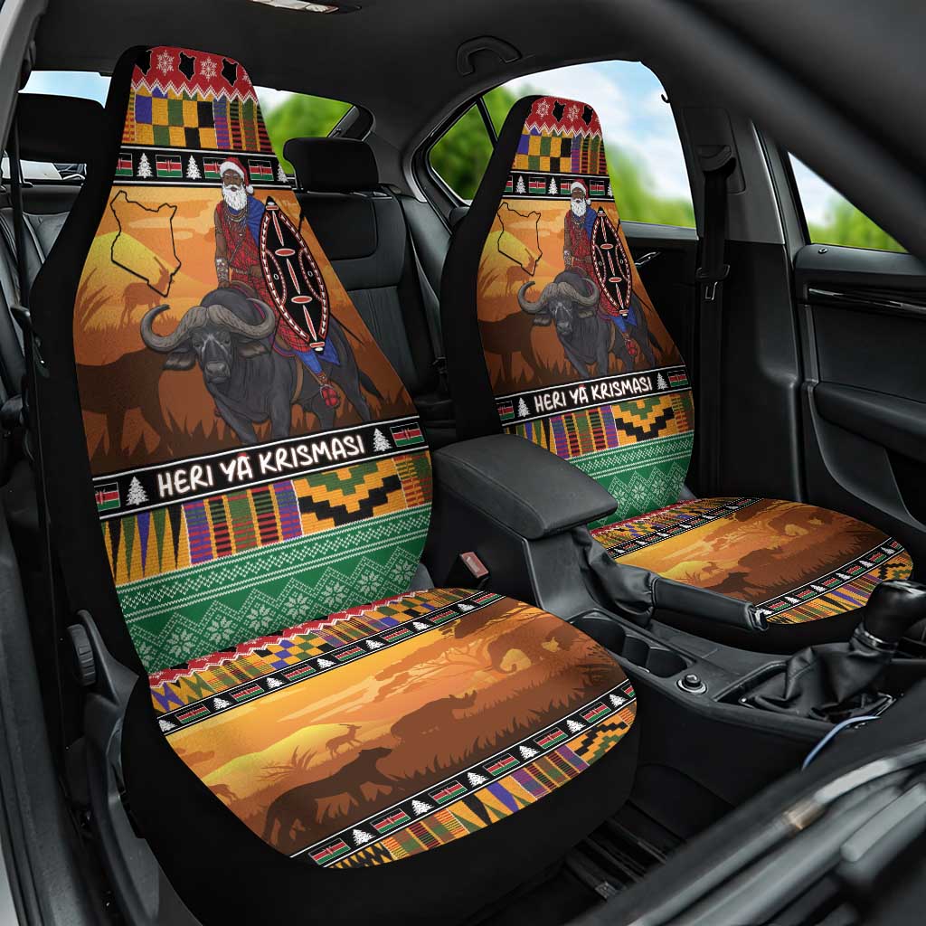 Kenya Safari Christmas Car Seat Cover Black Santa Riding Cape Buffalo - Heri ya Krismasi LT15