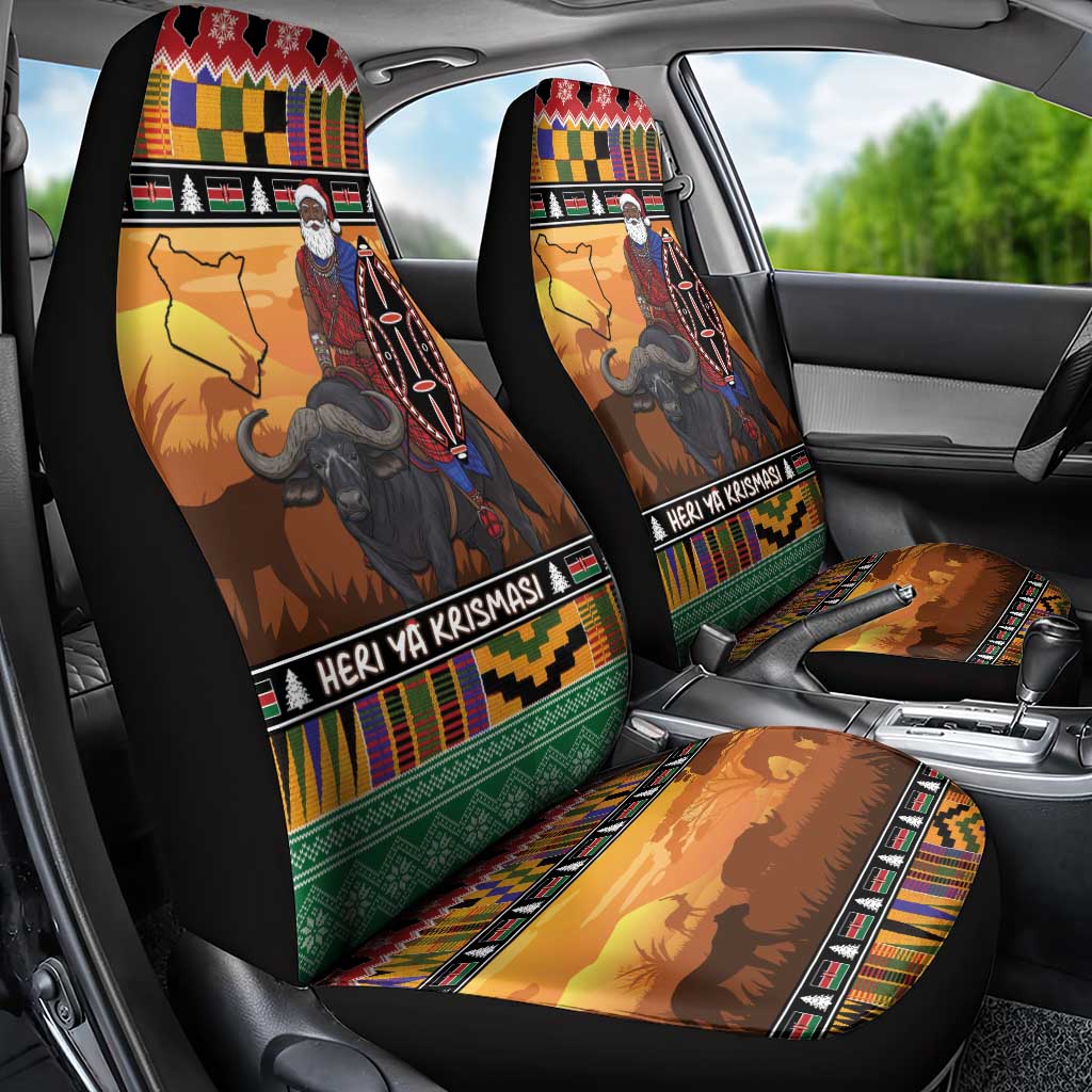 Kenya Safari Christmas Car Seat Cover Black Santa Riding Cape Buffalo - Heri ya Krismasi LT15