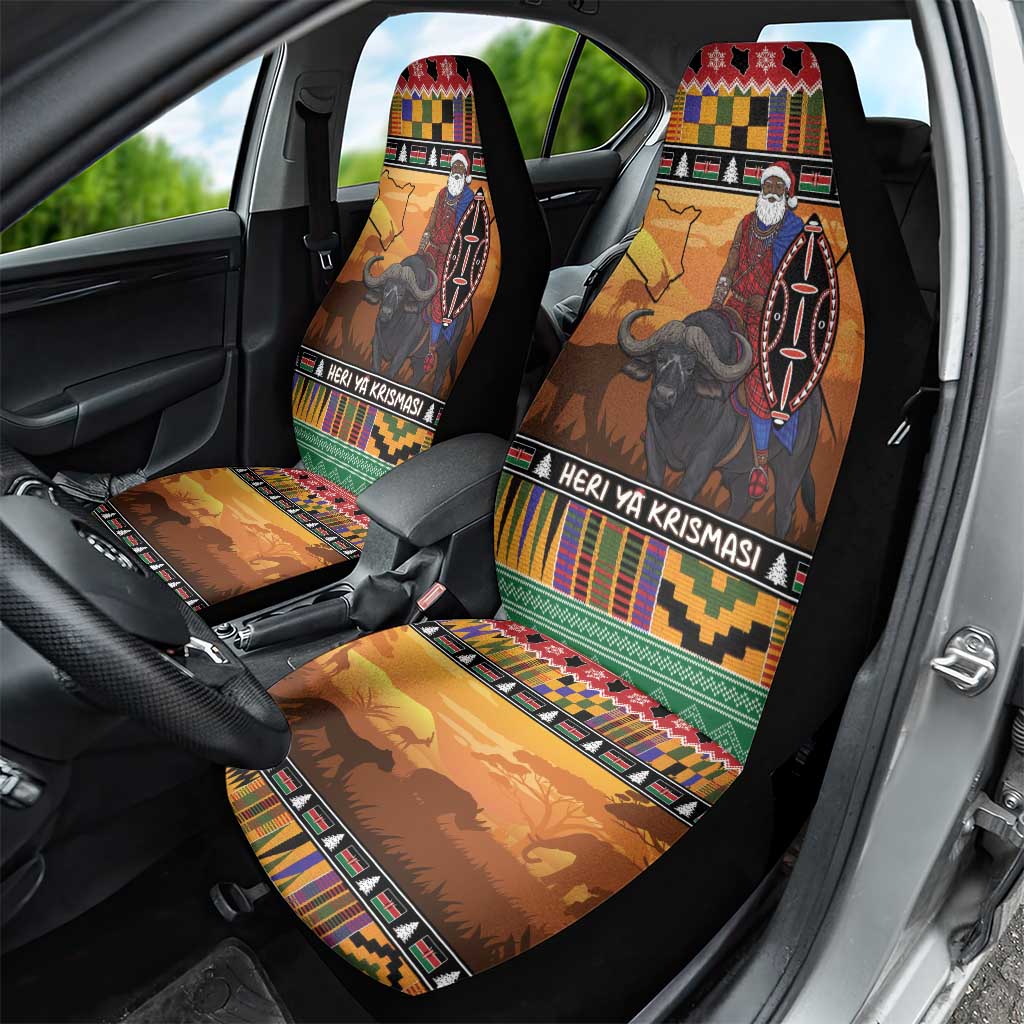Kenya Safari Christmas Car Seat Cover Black Santa Riding Cape Buffalo - Heri ya Krismasi LT15