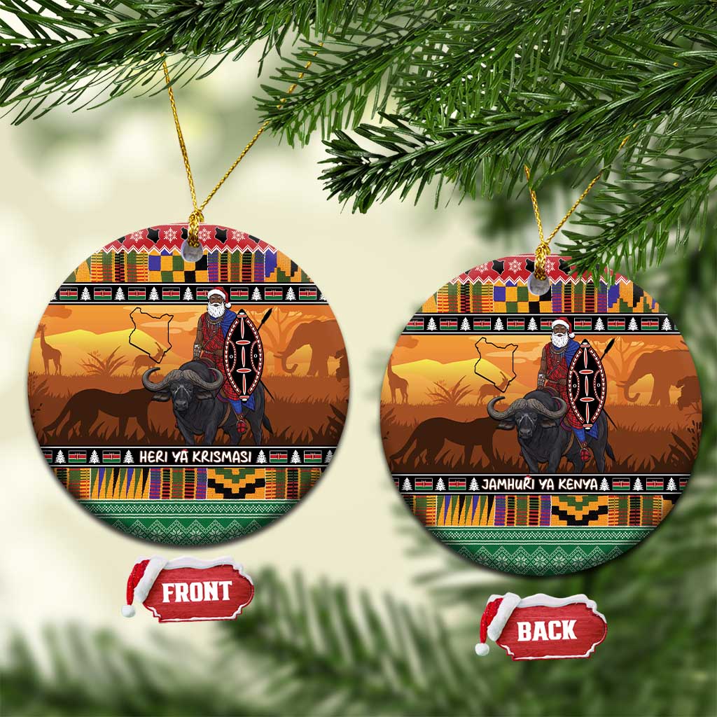 Kenya Safari Christmas Ceramic Ornament Black Santa Riding Cape Buffalo - Heri ya Krismasi LT15