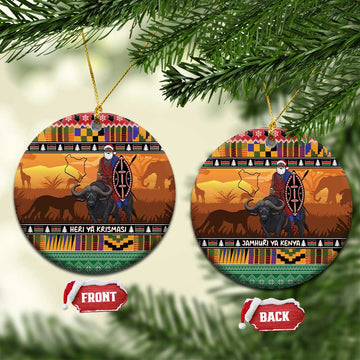Kenya Safari Christmas Ceramic Ornament Black Santa Riding Cape Buffalo - Heri ya Krismasi LT15