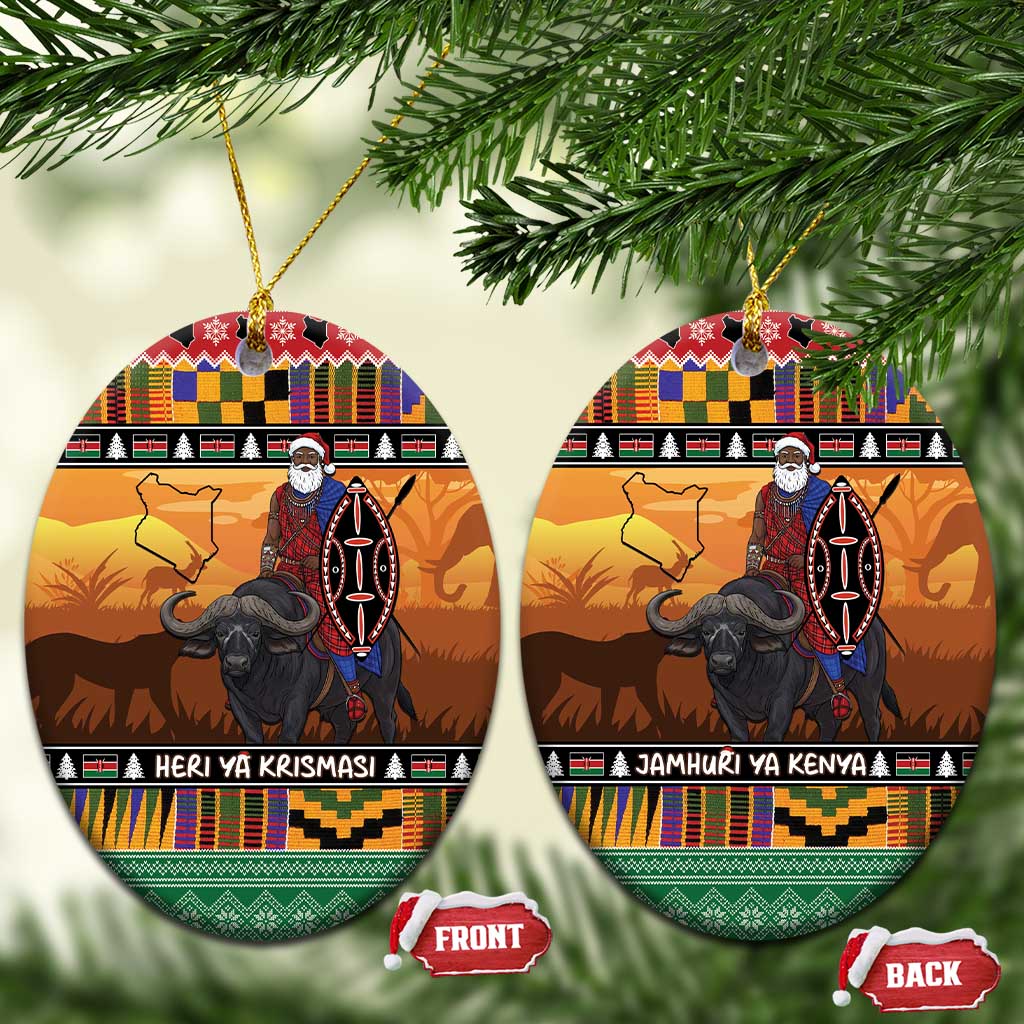 Kenya Safari Christmas Ceramic Ornament Black Santa Riding Cape Buffalo - Heri ya Krismasi LT15