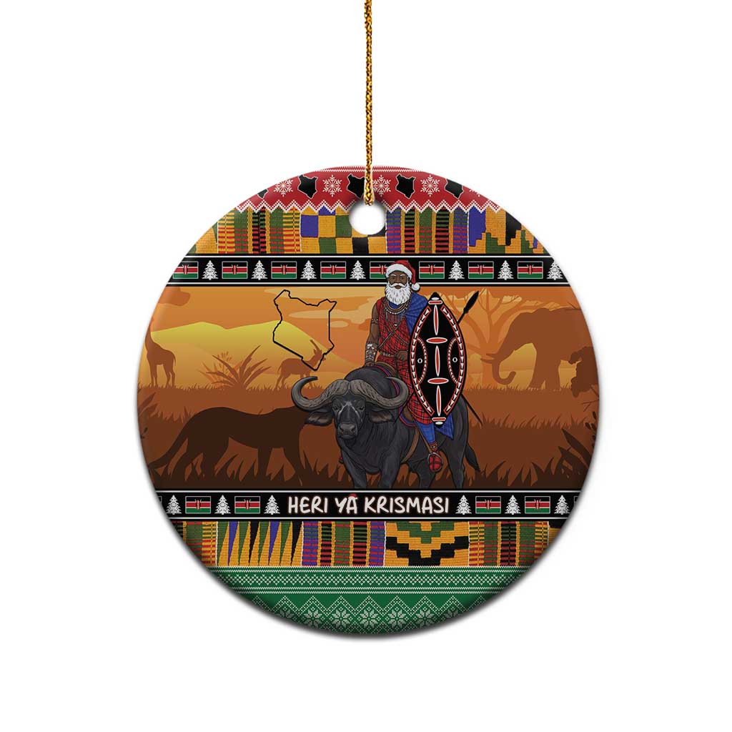Kenya Safari Christmas Ceramic Ornament Black Santa Riding Cape Buffalo - Heri ya Krismasi LT15