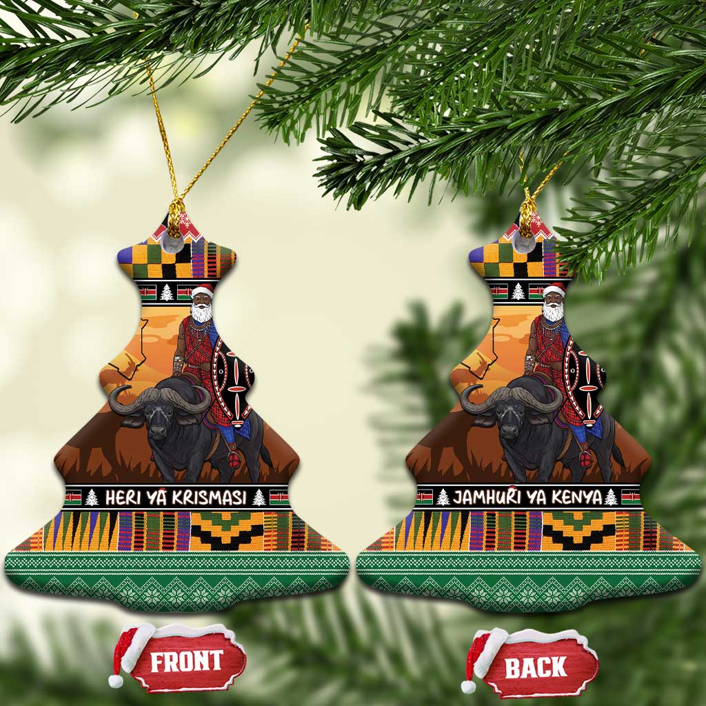Kenya Safari Christmas Ceramic Ornament Black Santa Riding Cape Buffalo - Heri ya Krismasi LT15