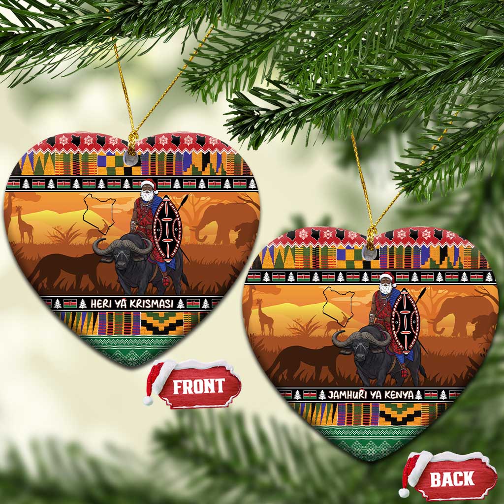 Kenya Safari Christmas Ceramic Ornament Black Santa Riding Cape Buffalo - Heri ya Krismasi LT15
