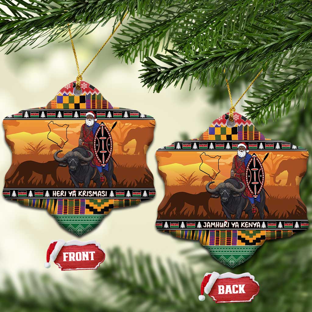 Kenya Safari Christmas Ceramic Ornament Black Santa Riding Cape Buffalo - Heri ya Krismasi LT15