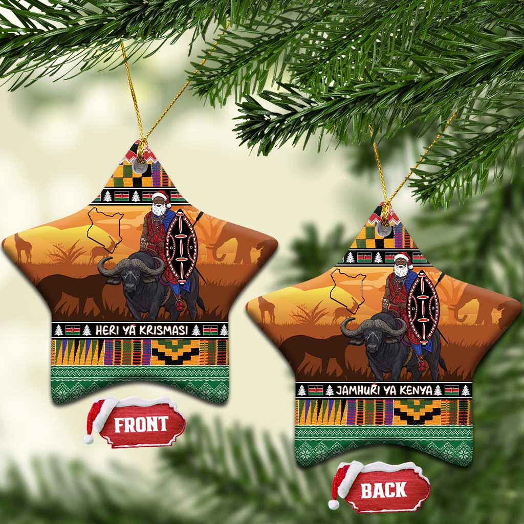 Kenya Safari Christmas Ceramic Ornament Black Santa Riding Cape Buffalo - Heri ya Krismasi LT15