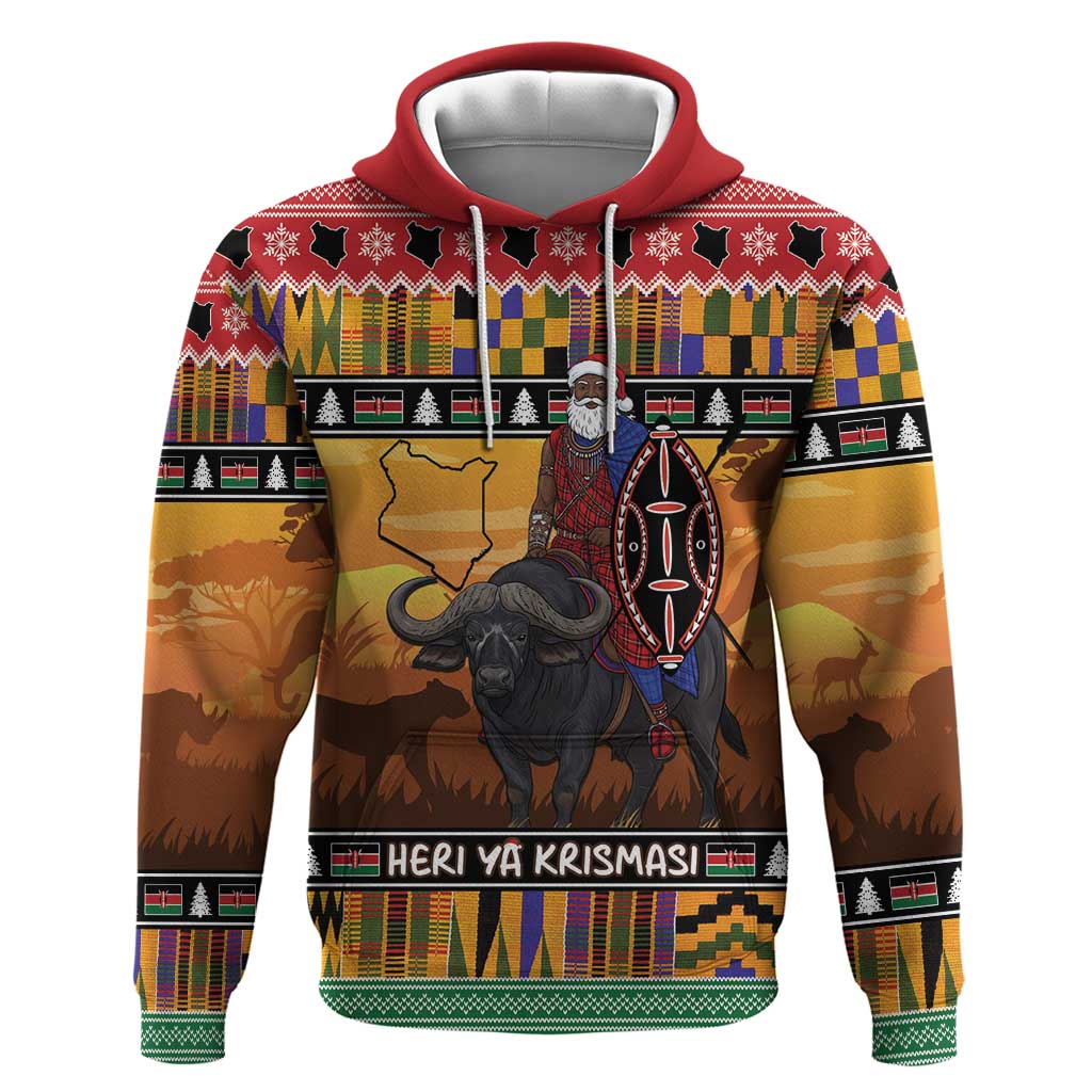 Kenya Safari Christmas Hoodie Black Santa Riding Cape Buffalo - Heri ya Krismasi LT15